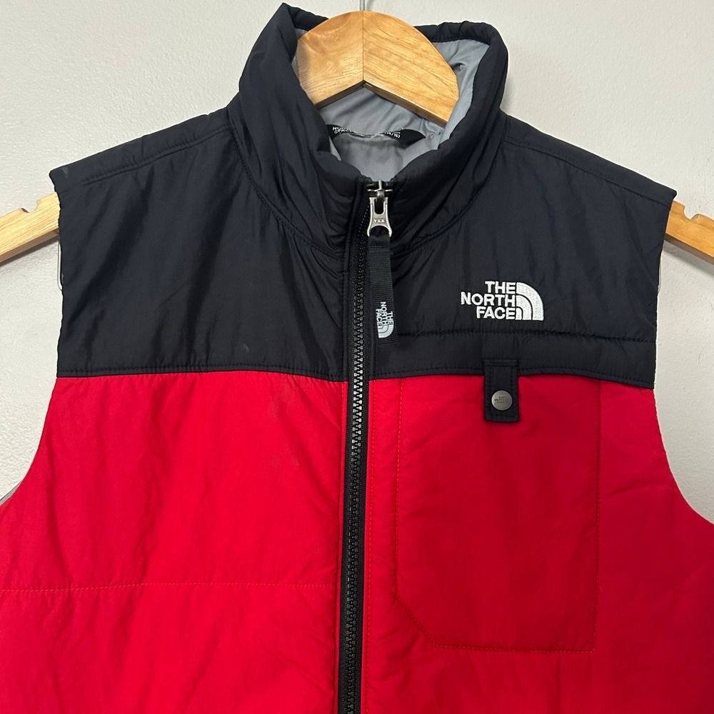 The North Face Puffer Vest Boys L 14/16 Red Black Colorblock Insulated Full Zip